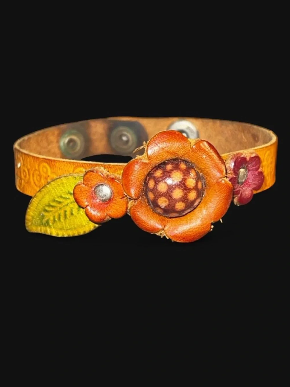 Vintage Handmade Leather Floral Snap Bracelet - Orange, Red, Green